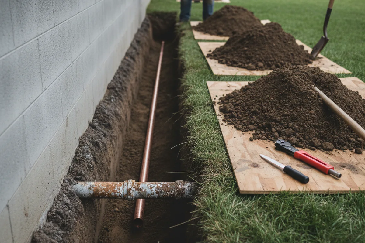 Excavated water line trench during Sewer Line Repair in Lisbon